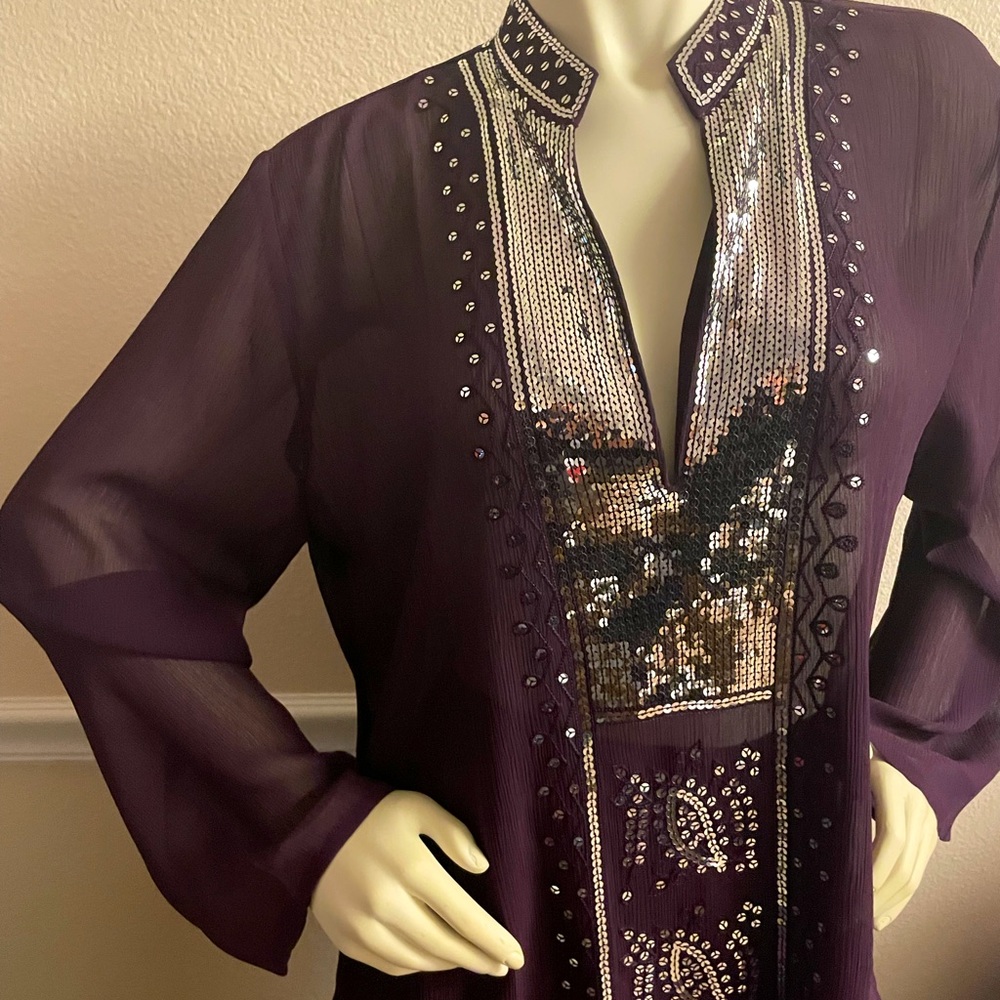 Exquisite  plum tunic  with sequins by ninety. Sheer a black camisole needed.